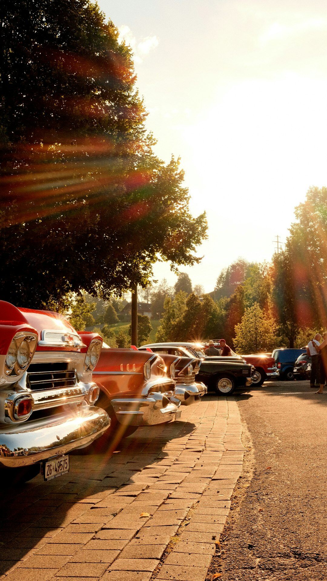 Row of classic automobiles gathered for a rally in the countryside of Uruguay